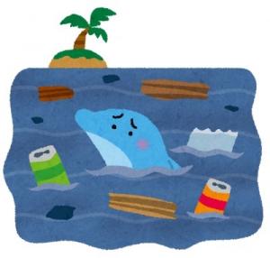 ごみの浮かぶ海で泳ぐイルカ
