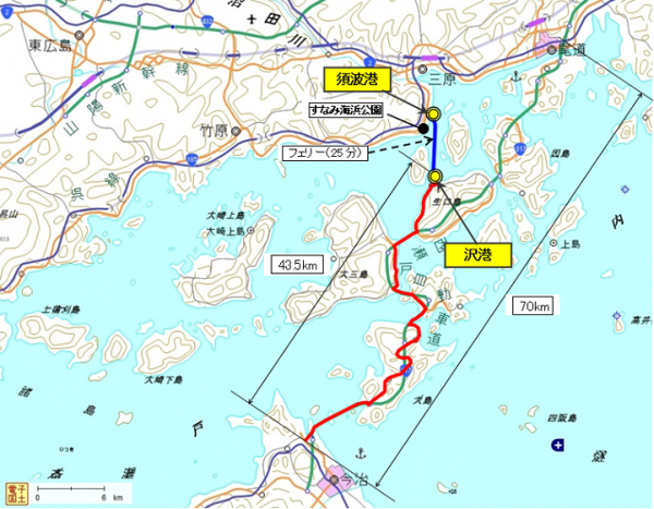 須波港からのしまなみ海道サイクリングのルート