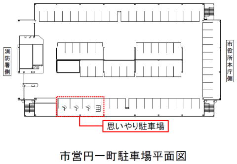 円一町駐車場平面図（おもいやり駐車場の位置）